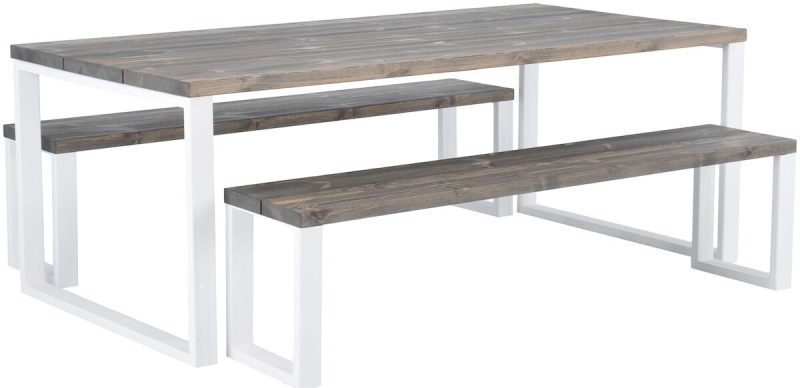 Ruska ruokailuryhmä penkeillä 200x100 cm savunharmaa/valkoinen