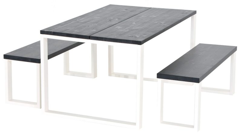 Honka 4-hengen ruokailuryhmä penkeillä musta/valkoinen metallijaloilla