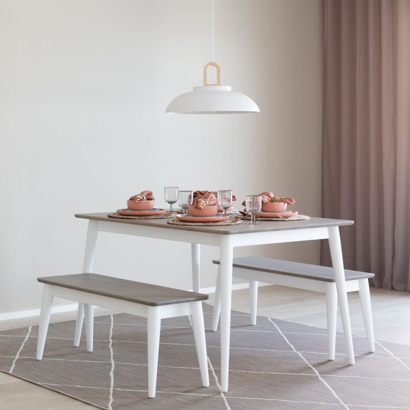 Kaarna 4-hengen ruokailuryhmä penkeillä 130x90 cm harmaa/valkoinen